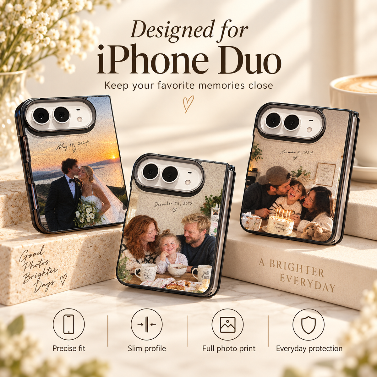 Custom photo cases for iPhone Duo featuring couple wedding and family memories