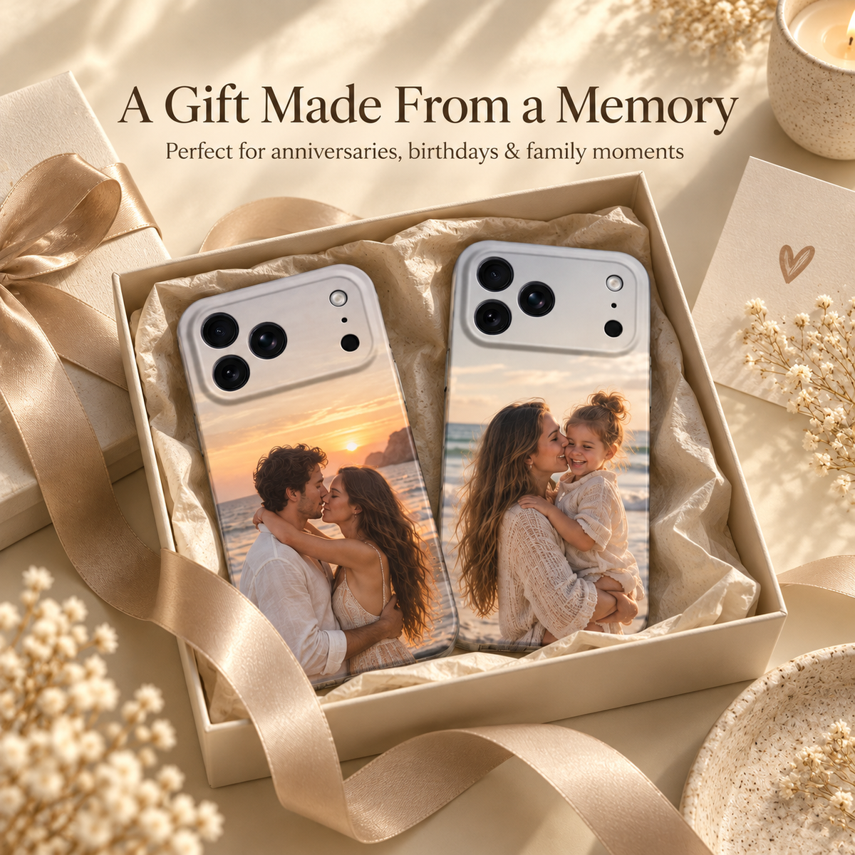 Personalized iPhone photo cases displayed as anniversary and family gifts