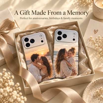 Personalized iPhone photo cases displayed as anniversary and family gifts