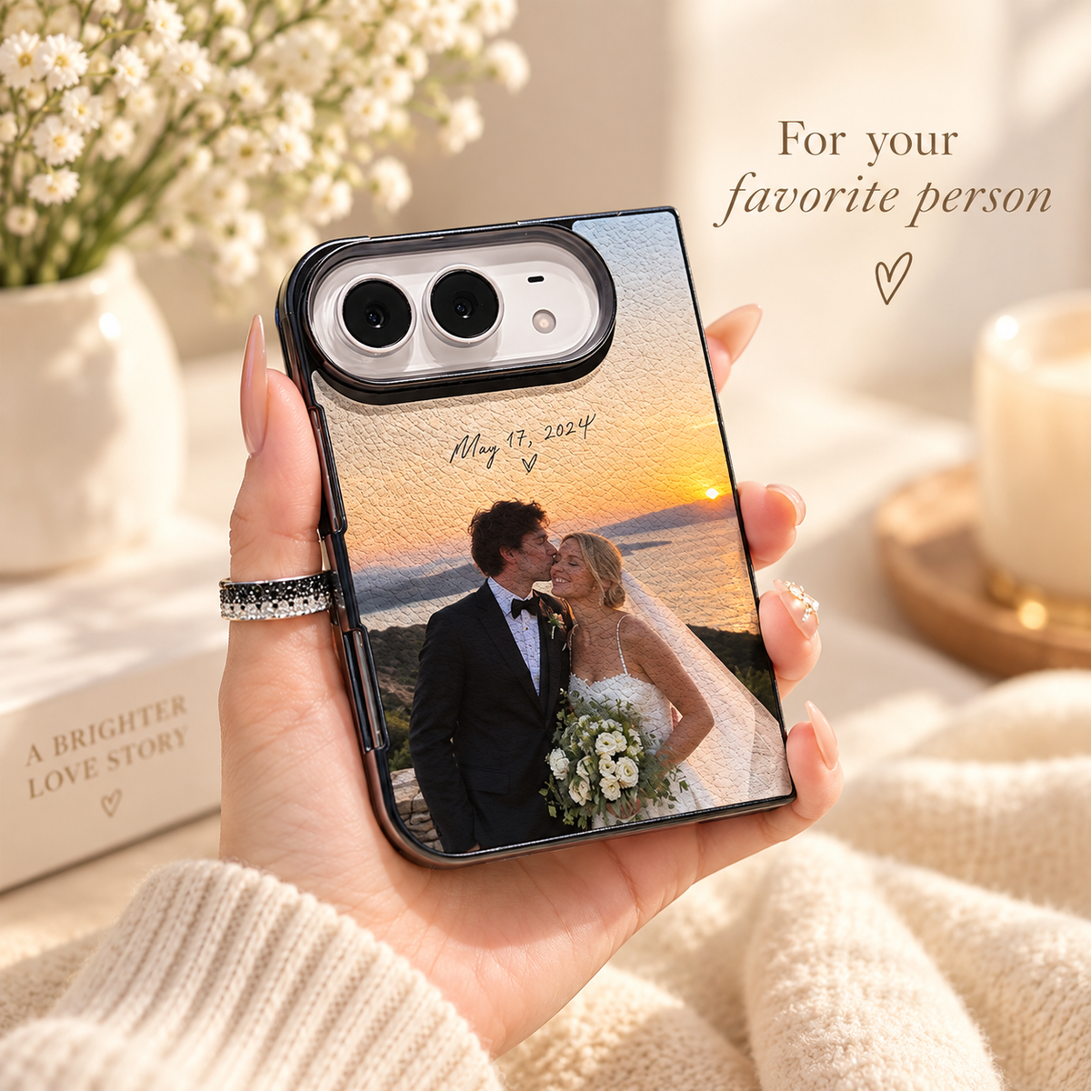Custom wedding photo case for iPhone Duo held in hand