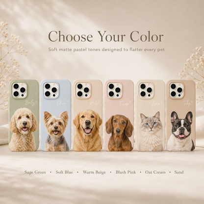 Custom pet phone case color options in sage green, soft blue, beige, pink, cream and sand
