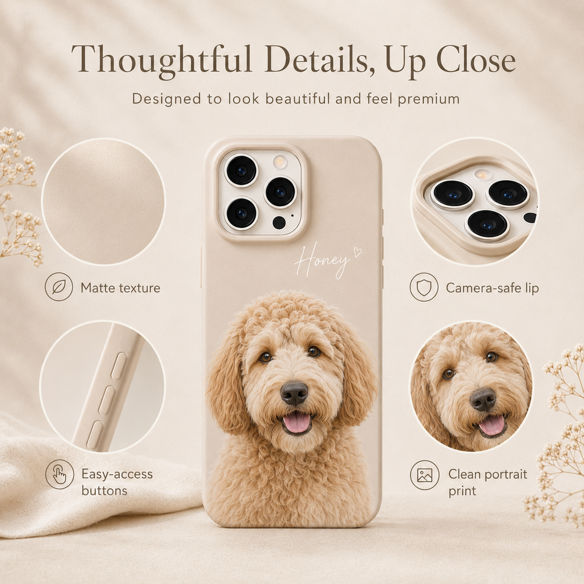Close-up details of custom pet photo case for iPhone 18 Pro with matte texture and camera-safe design