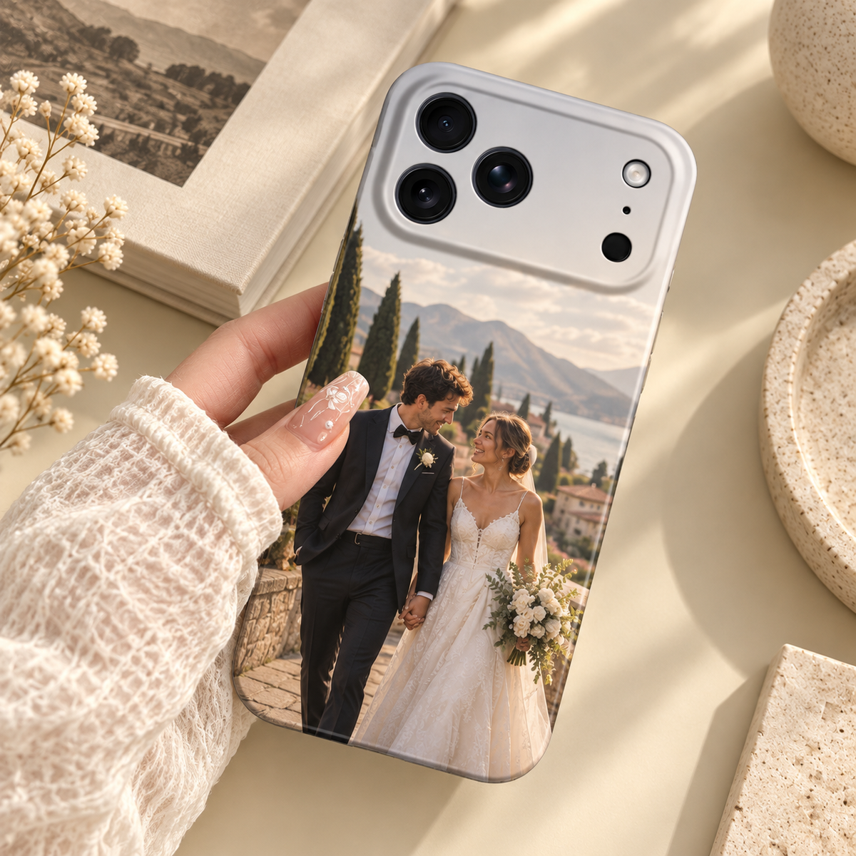 Custom wedding photo case for iPhone 18 Pro and Pro Max held in hand