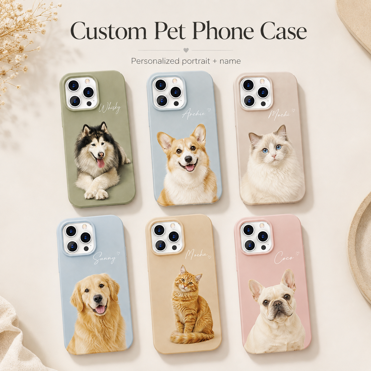 Custom pet photo case for iPhone 18 Pro and iPhone 18 Pro Max with personalized dog and cat portraits