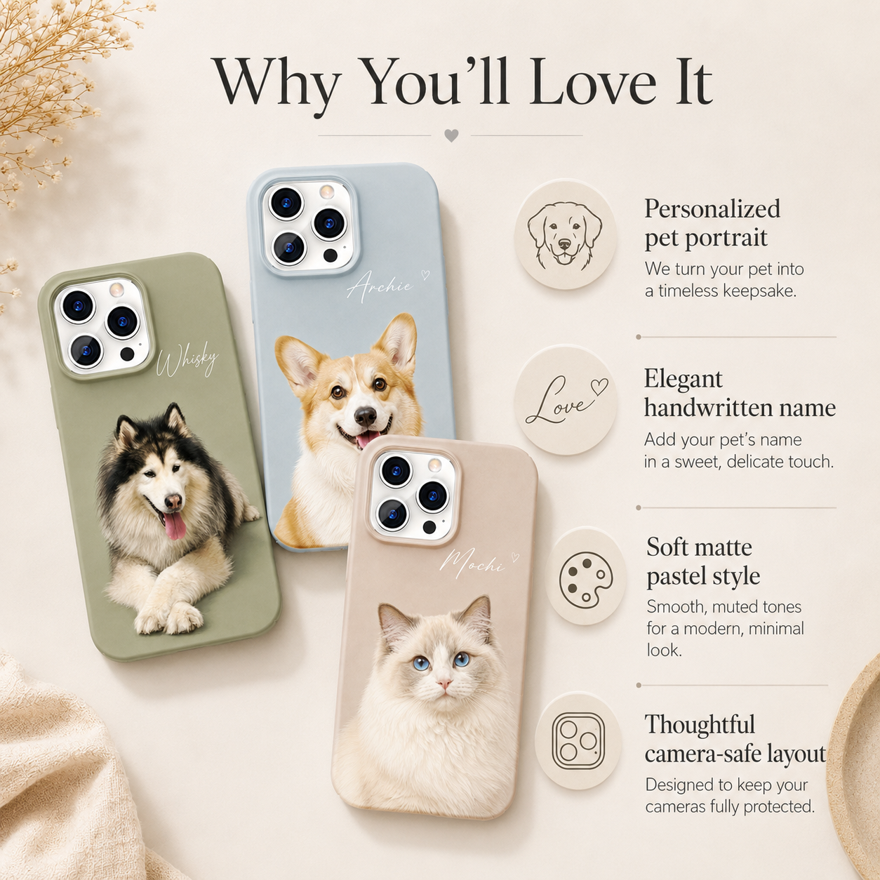 Custom pet portrait phone case features personalized pet artwork, handwritten name and matte pastel finish