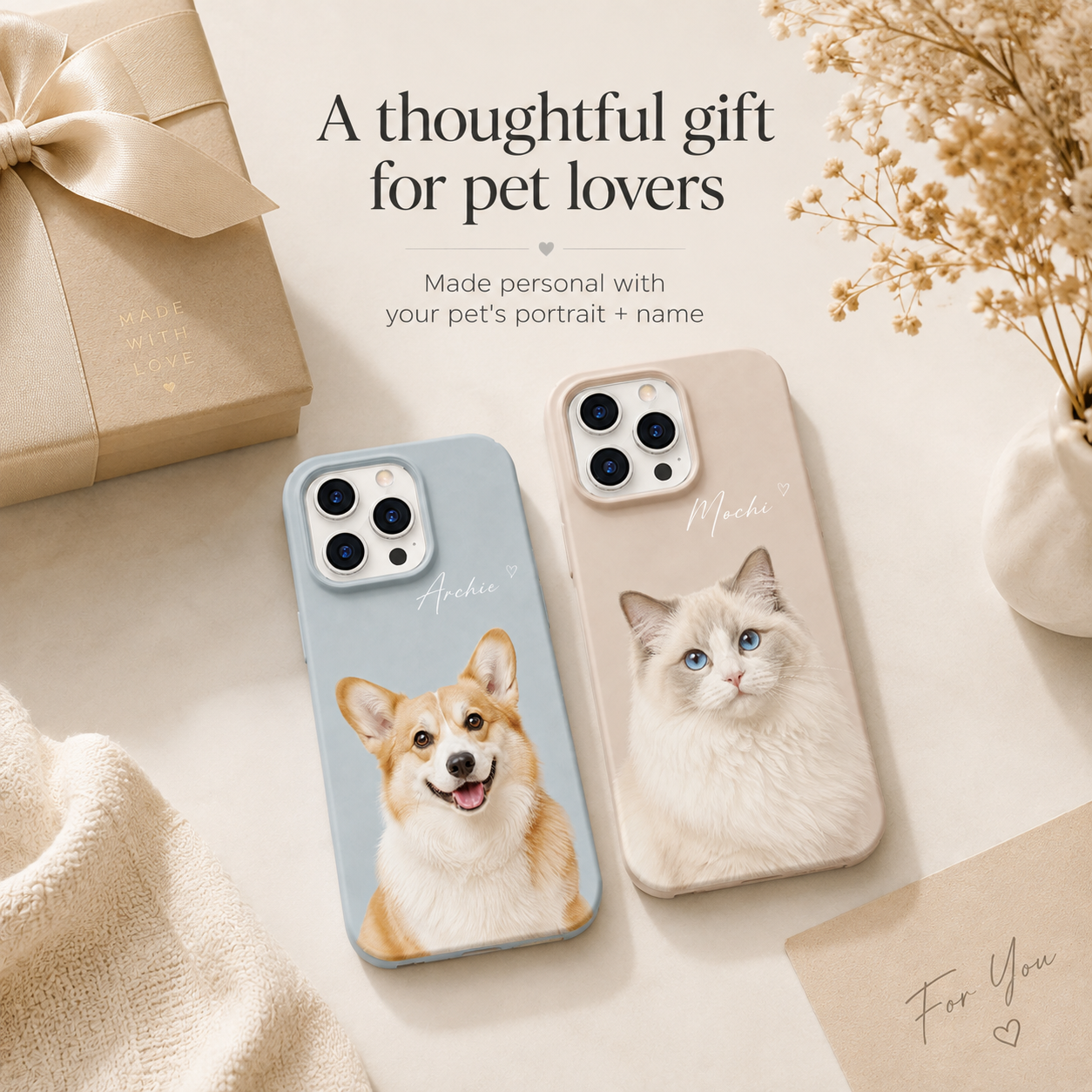 Personalized pet portrait phone cases for birthdays, holidays and pet memorial gifts